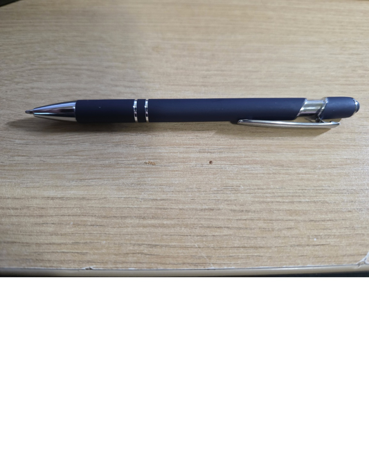Logo pen in navy blue with a smooth metal barrel, polished chrome accents, clip and ballpoint tip