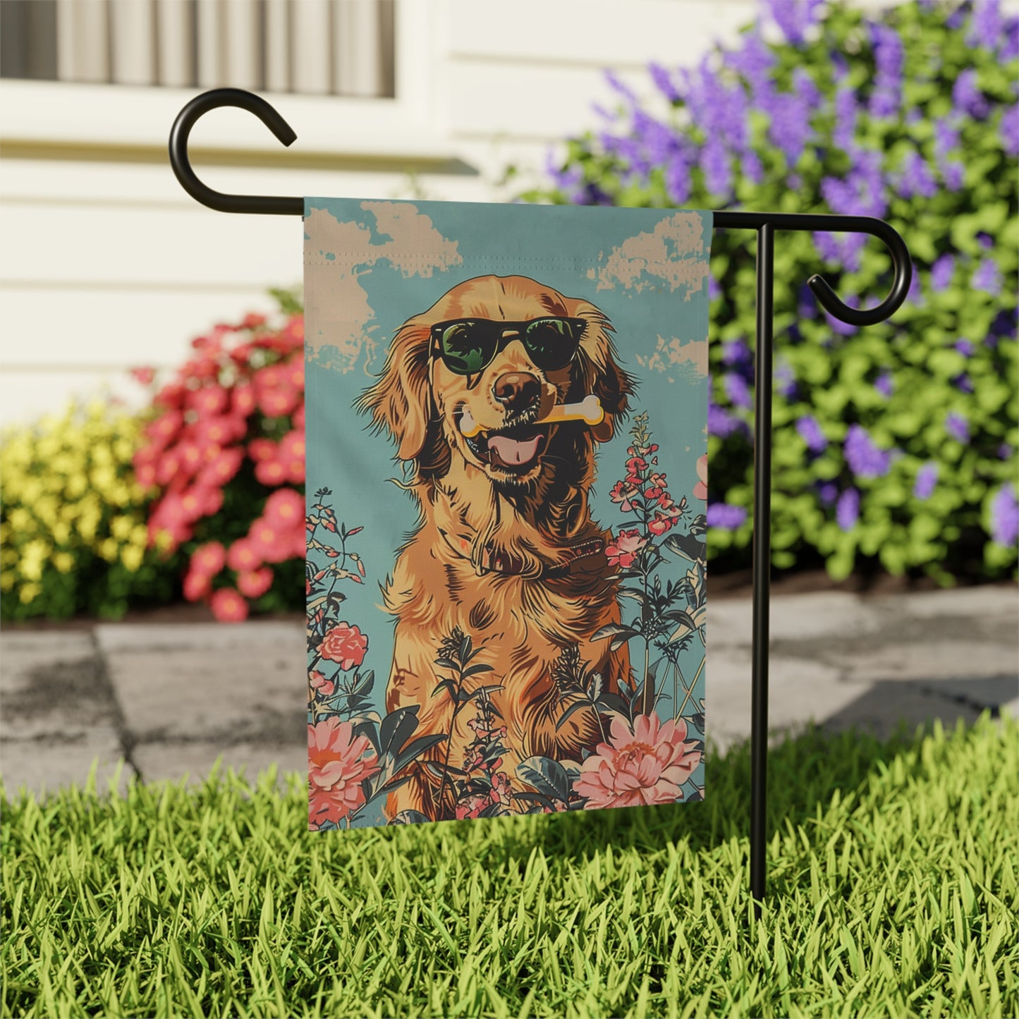 Garden flag with dog and bone with flowers