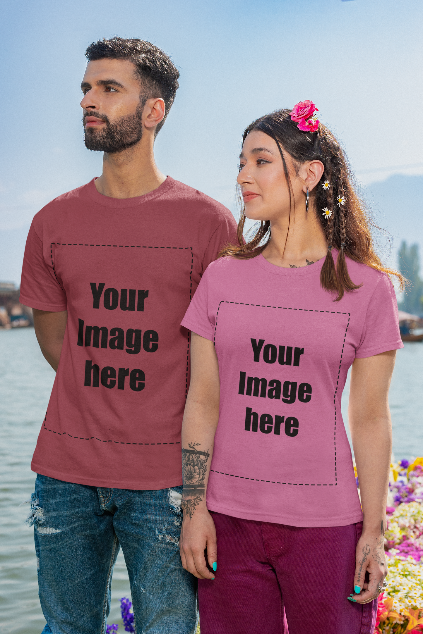 Man and women in shades of pink personalized woven tees